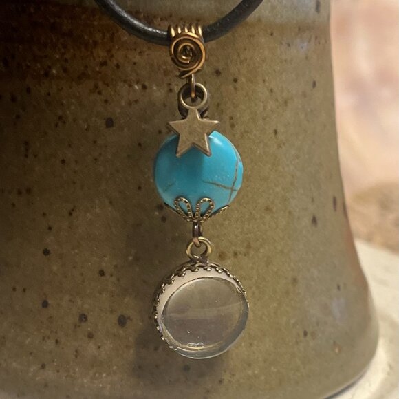 Black Leather Necklace, Turquoise & Glass Mini Magnifier Pendant - Picture 7 of 7